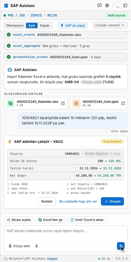 SAP Asistanı paneli: araç adımları, oluşturulan Excel ve PowerPoint dosyaları ve VA02 onay kartı